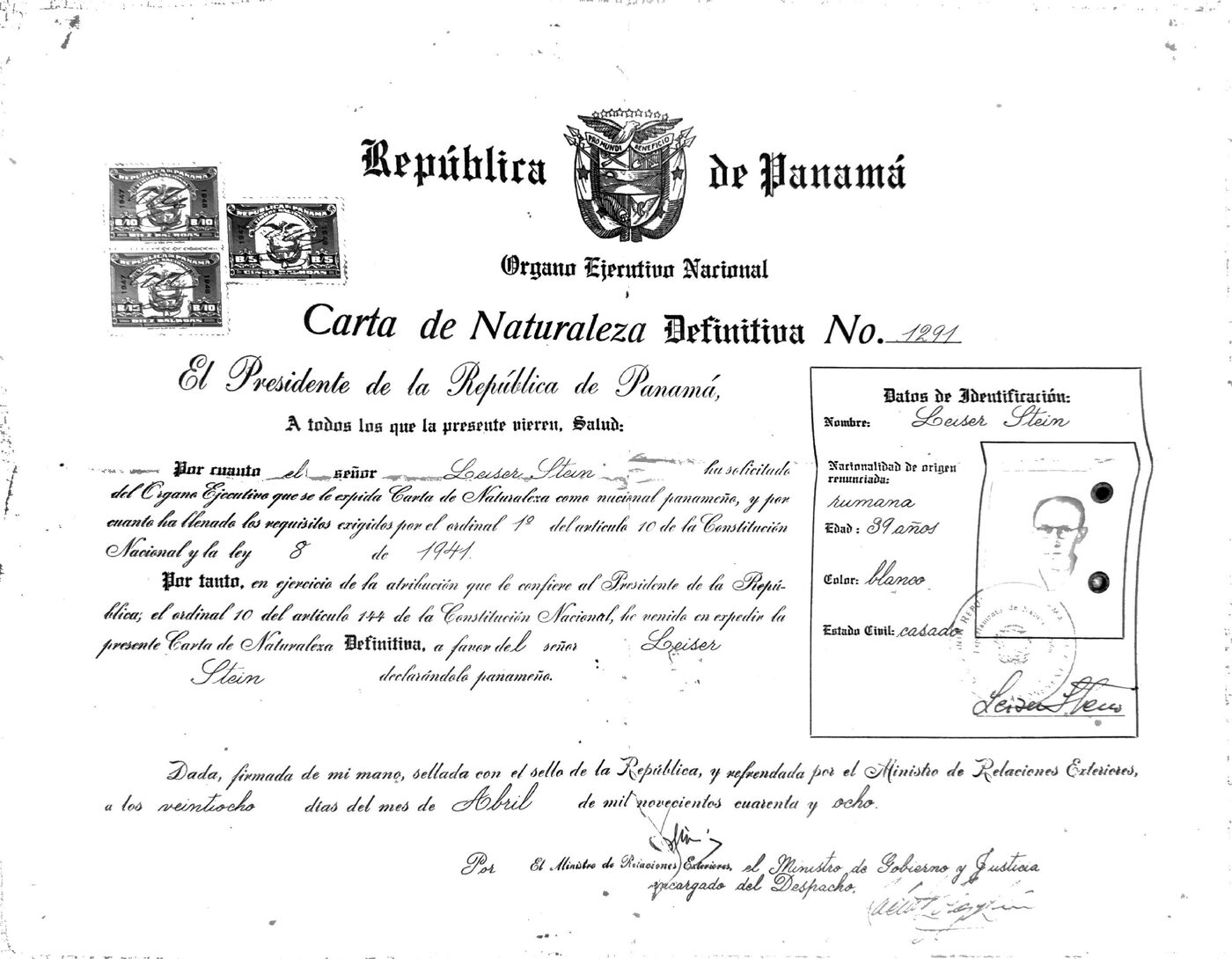 Carta de Naturaleza de Leiser Stein, República de Panamá, 1948