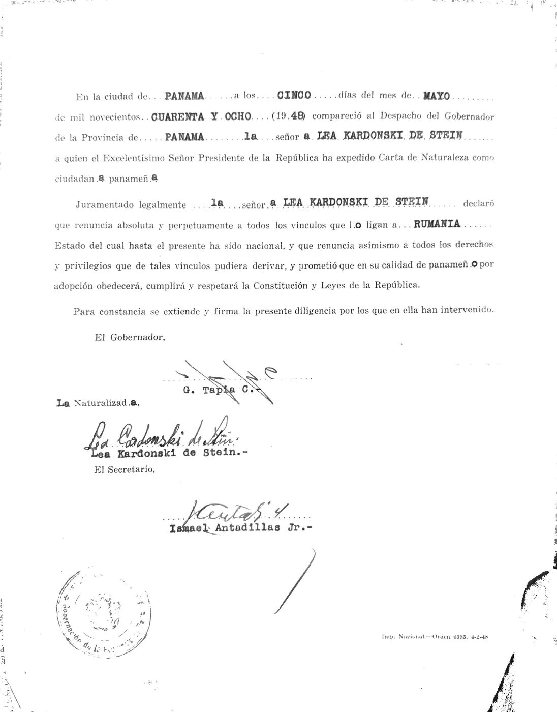 Diligencia de juramentación de ciudadanía