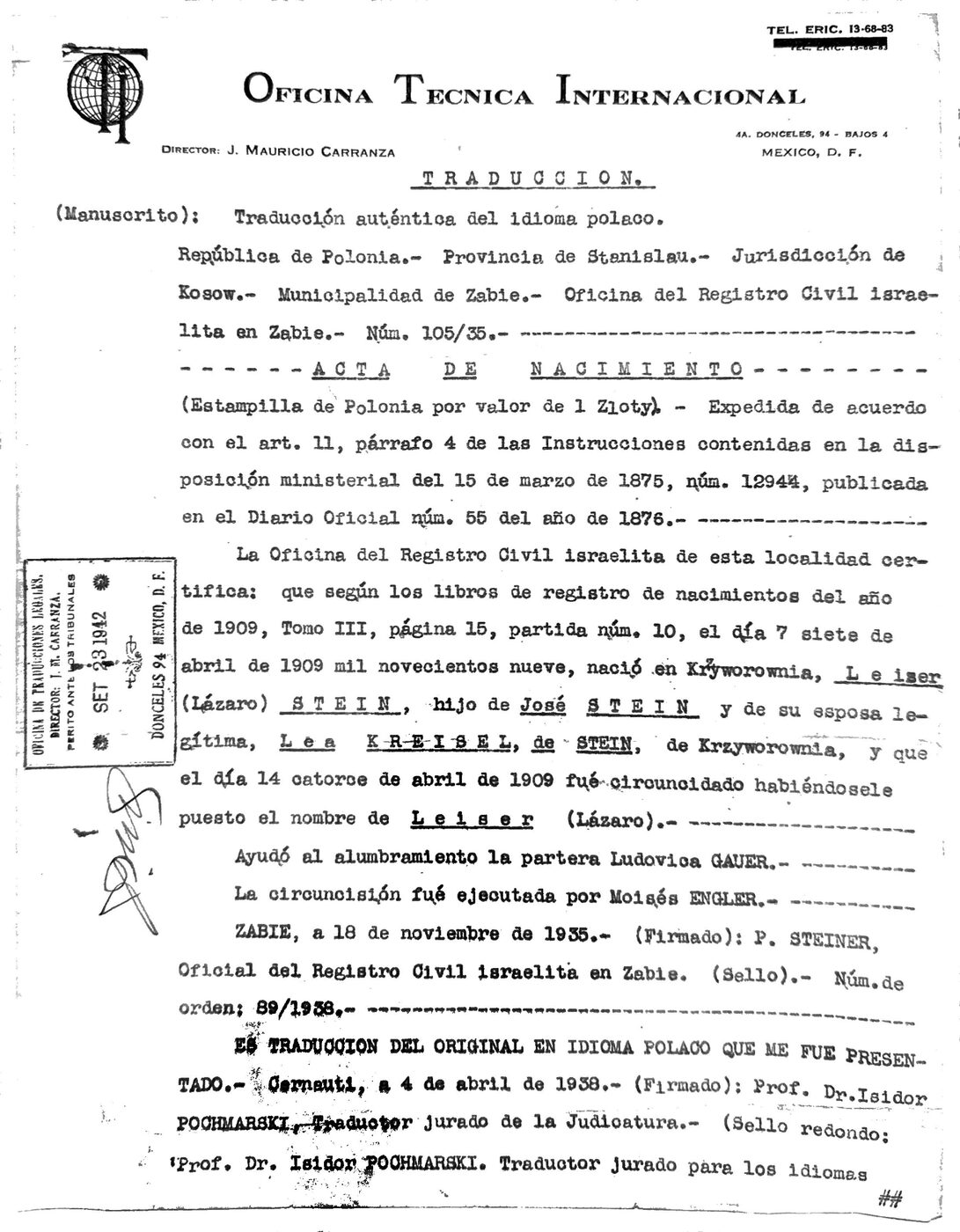 Acta de nacimiento de Leiser Stein