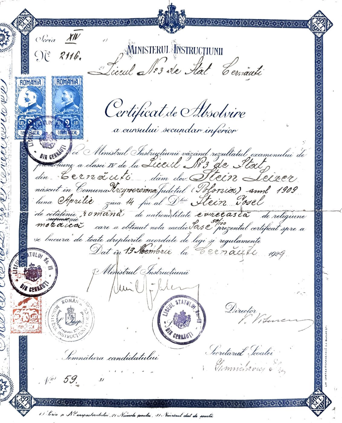 Certificado de bachillerato — Liceul No. 3, Cernăuți